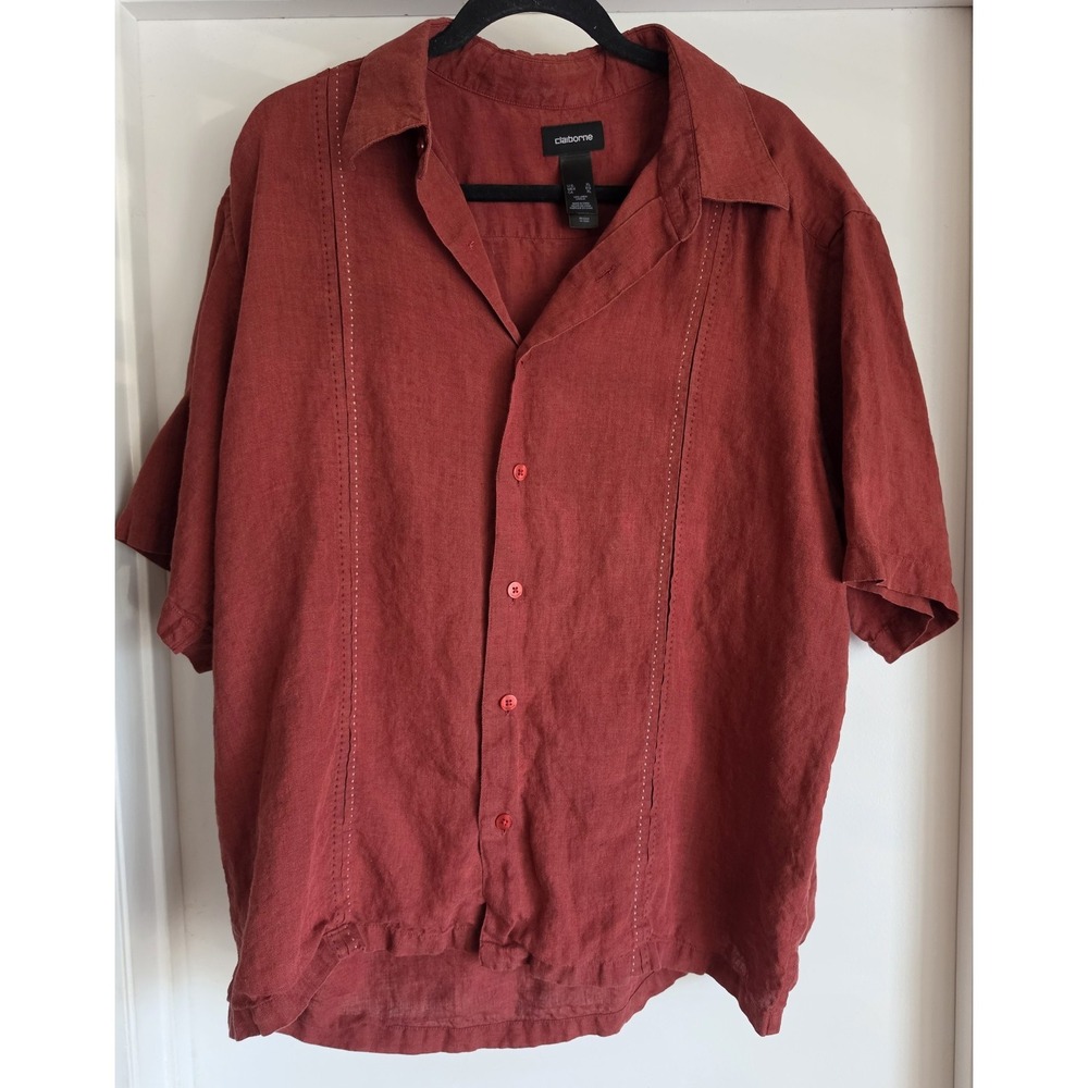 Claiborne Men XL Linen Shirt Short Sleeve Solid Red Casual Classic Button-Up